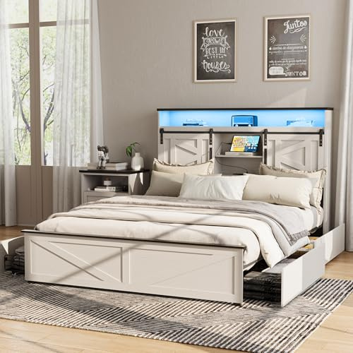 Fameill Farmhouse Full Size Bed Frame with 4 Drawers and Bookcase Headboard, Sliding Barn Door Storage Shelves, LED Lights and Charging Station, No Box Spring Needed, Antique White