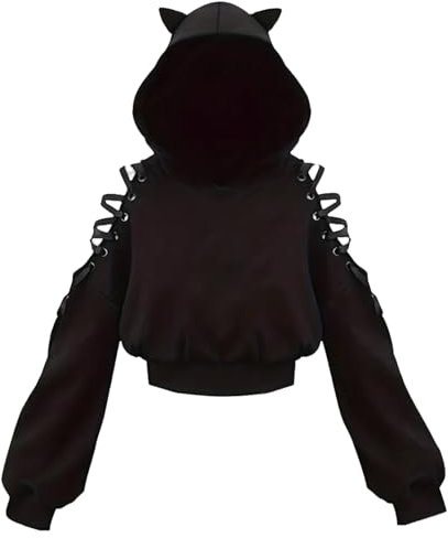 Xumplo Girls Crop Top Hoodie Teens Cat Ear Sweatshirt Tween Girl Punk Gothic Pullover Black Jumper Clothes 10-12 Years