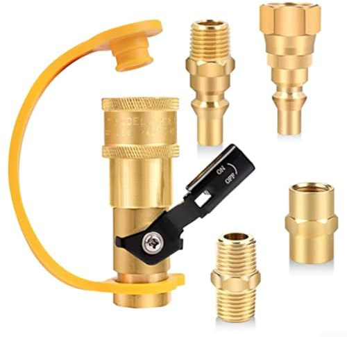 Quick Connect Disconnect Kit Fitting Shutoff Valve, 1/4 Inch RV Propan Quick Connect Adapter For Propane Trousers, For Outdoor BBQ, Trailer