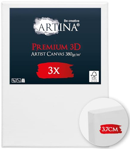 Artina 3er Set 3D Leinwand bespannt auf stabilem FSC® Keilrahmen Baumwolle | 50x70cm verzugsfrei 3-fach weiß vorgrundiert 100% Baumwolle Qualität für Künstlerbedarf Malen Acrylmalerei 3D Premium