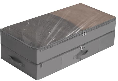 WELTRXE Under Bed Storage, Double Layer Large Underbed Storage Box with Lid, 70L Extensible Clothes Storage Bag, Foldable Wardrobe Storage Organiser with Window for Blanket, Clothing, Shoes, Toy, Grey