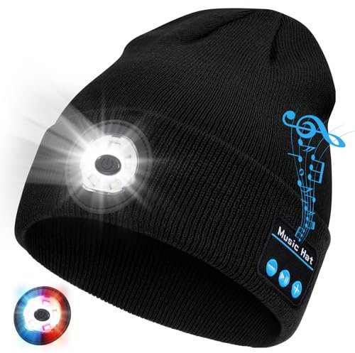 Bluetooth Beanie with Light, 2024 New Musical Knitted Hat with Headphone, Built-in Stereo Speakers Mic, 5 LED Super Bright, USB-C Charging, Cool Gadgets for Men Dad Camping Running Fishing Black