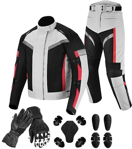 Vaster Moto Motorradanzug für Herren, wasserdichte Motorradjacke mit Hose und Handschuhen, Motorradanzug mit Cordura-Rüstung, abnehmbare Rüstung, silber, XL