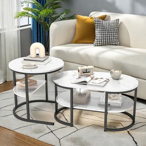 DADEA Nesting Couchtisch 2er Set, Elipse Tisch und runder Tisch, moderner Couchtisch, stapelbar, Nisttische mit stabilem Metallrahmen und Marmormuster für Heimdekoration (Schwarz Oval)