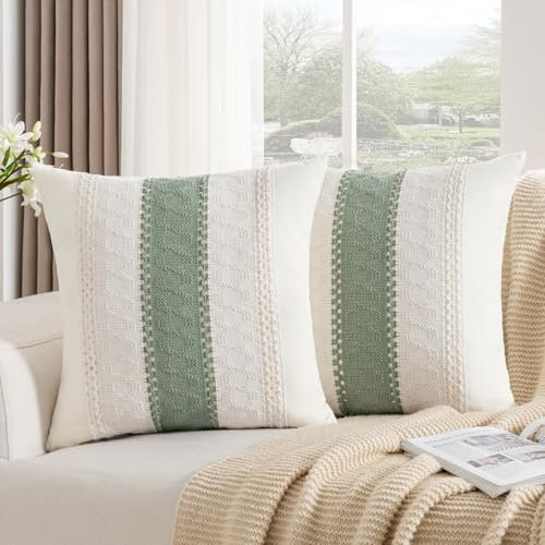 DakTou Boho Kissenbezug Kissenhülle Baumwolle Dekokissen Sofakissen Dekorative Kissenbezüge 40X40 2er Set Salbeigrün Modern Bauernhaus Gewebt Strukturiert Zierkissenbezug für Sofa Wohnzimmer
