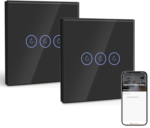 BSEED Smart ZigBee Interrupteur Encastré 3 Gang 2 Voies, Interrupteur Mural Intelligent avec Alexa et Google Home, Interrupteur à Écran Tactile (Neutre, Hub Gateway Nécessaire) Noir
