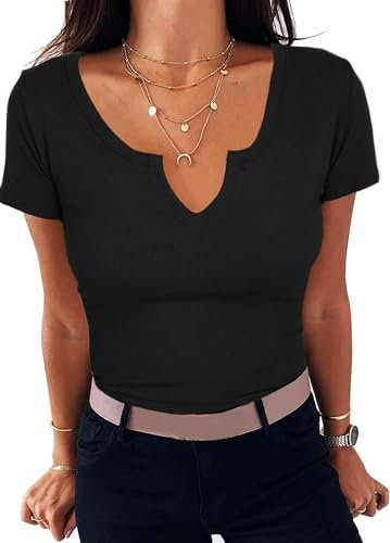 Aottori Black Summer Tops Womens Short Sleeve T Shirts V Neck Ribbed Fitted Casual Basic Pullover Tunic Top Black M