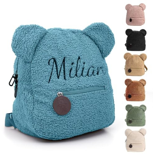Personalisierte Rucksack Kinder mit Gestickt Name, Mini Kinderrucksack für Mädchen Junge, Kita Rucksäck Kleinkind, Klein Teddy Bär Kindergartenrucksack Schulranzen Tasche für Kindergarten (Blau)