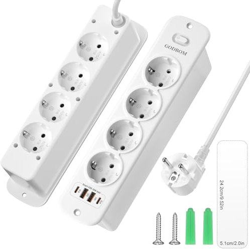 Versenkbare Steckdose 8 Fach (4000W/16A), Einbau Steckdosenleiste mit 2 USB (PD18W), Einbausteckdose Tischplatte mit 2 USB C (PD20W), Versenkte Tischsteckdose mit Überspannungsschutz - 2M Kabel Weiß