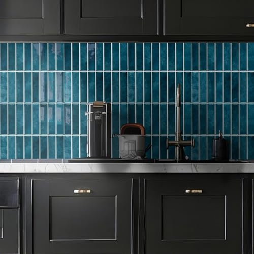 Alwayspon 10 Sheet 12''x12inch Blue Subway 3D Self Adhesive Wall Tile Sticker Transfers, Peel and Stick Self Adhesive Waterproof Splashback Stick on Tile Decals for Kitchen Bathroom Wall