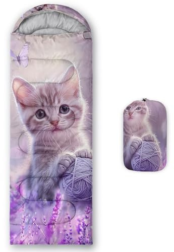 HOSIMA Sac de Couchage Kawaii pour Enfants, Filles, Chat Roulant Une Balle de Ficelle dans Un buisson de Lavande entouré de Papillons, Sac de Couchage ultraléger et imperméable et literie de Camping
