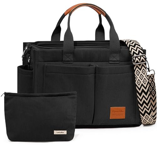 Captain Blues Corduroy Tote Bag for Women with Zipper, Large Capacity Work Bags Shoulder Handbag for School, Travel, College, Teacher with Adjustable Strap & Pockets (Black)