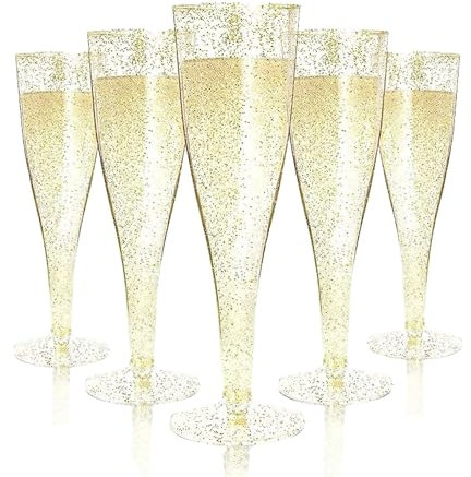 Perla - 144 Flute da Champagne Eleganti in Plastica - 120ml - Calici Trasparenti Glitterati Oro - Resistenti e Riutilizzabili - Bicchieri da Brindisi per Feste Compleanni Matrimoni Natale Capodanno