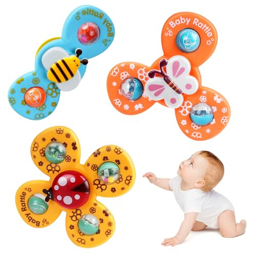Saugnapf Spielzeug Baby, 3 Stück Saugnapf Kreisel Tischsauger Spielzeug, Finger Hand Spinner, Cartoon Badespielzeug Wasserspielzeug, Sensorisches Sensorik Spielzeug für 1-6 Jahre Baby
