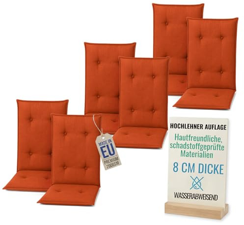 Pillows24 - Hochlehner Auflagen 6er Set - 120x50cm – 8cm Dick - Premium-Material 200gsm, Wasserabweisend | Gesteppte Sitzauflagen Hochlehner | Sitzkissen Gartenstuhlauflagen für Gartenmöbel | Orange