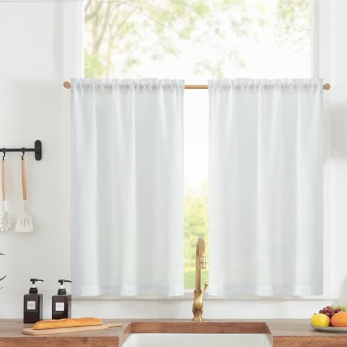 TOPICK Scheibengardinen Küche Bistrogardine modern H75xB65 2er Set Weiß | Küchengardinen Fenstergardinen Leinenoptik Kurz für Wohnzimmer modern Blickdicht Küchenvorhang Vorhänge Lichtdurchlässig