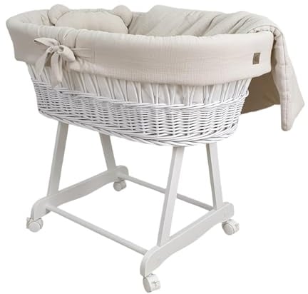 Wiklinopol Stubenwagen aus Weide mit Gestell & Matratze Amelia – Moseskorb in Weiß – Set Musselin-Bettwäsche in Beige – Weidenkorb, Tragbar, Ideal für Neugeborene