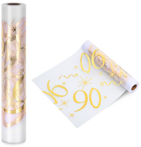 Hejo 90 Geburtstag Tischläufer, 28cmX10m 90 Jahre Geburtstag Deko, Breite Party Tisch Glänzend Gold Deko, 90 Goldfarbe Dekostoff Banner für Mann ＆ Frau