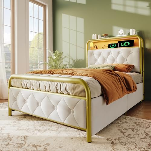 BXEYXE Polsterbett Einzelbett mit Aufladen USB Type C Ladefunktion APP-Control LED Bettgestell Metallbett 90×200 Bettrahmen und 2 Schubladen. Samt (Ohne Matratze)