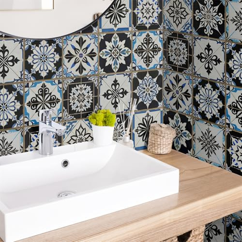 Mosaikfliesen Schwarz Blau Marokko Klebefliesen Küche Wasserdicht PVC Fliesensticker Selbstklebende Klebefolie Fliesen Dekorative Fliesenaufkleber Bad 15x15 cm/24 Stück
