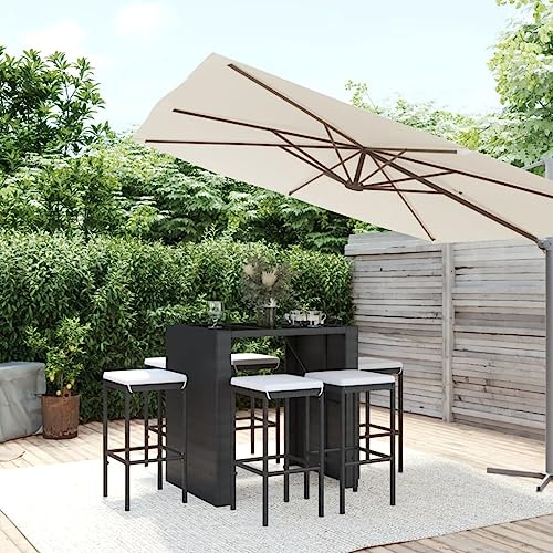 Ordellia 7-TLG. Gartenbar-Set Schwarz aus Polyrattan, Bartisch mit Hartglasplatte, 6 Barhocker mit Cremeweißen Kissen, Outdoor Möbel Set für Terrasse, Balkon