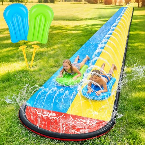 Mineup Toboggan Aquatique, 480 X 140cm Toboggan pour Pelouse Double Tobogga À Eau, Tobogga De Pelouse D'été avec Arroseur Intégré avec 2 Planches Gonflables pour Jeux d'eau en Extérieur