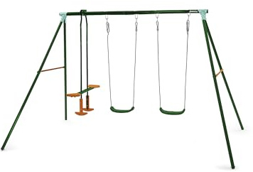 Plum Play Jupiter Double Swing and 2 Seater Glider Garden Play Set - Triple Station Outdoor Swing for up 4 Children - Max weight 200kg - 3-10 Years (Green)