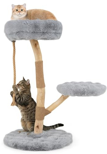 COSTWAY Arbre à Chat, Arbre a Chat Bois de Poirier, 3 Plateformes, Poteaux à Griffer en Jute, Corde en Jute, Tissu Peluche, Tour pour Chaton à 3 Niveaux, Chaque Charge 10 kg (90 cm,Gris Clair+Naturel)