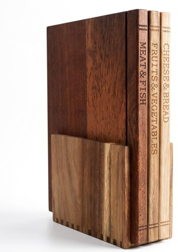 Set de 3 Tablas de Cortar con Forma de Libro para Cocina,33×25,5×2 cm, Tablas de Cortar de Acacia con Soporte, Etiquetadas para Carne y Pescado, Frutas y Verduras, Regalo de Inauguración de Casa