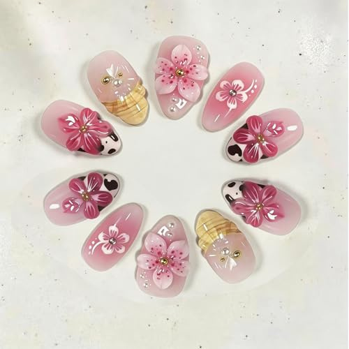 Tastetreasure 30Stk Kurze Mandel Press on Nails, 3D Blumen Künstliche Nägel mit Französisch Leo Muster, Rosa Blush Farbverlauf Fingernägel zum Aufkleben Set für Frauen mit Kleber Feile