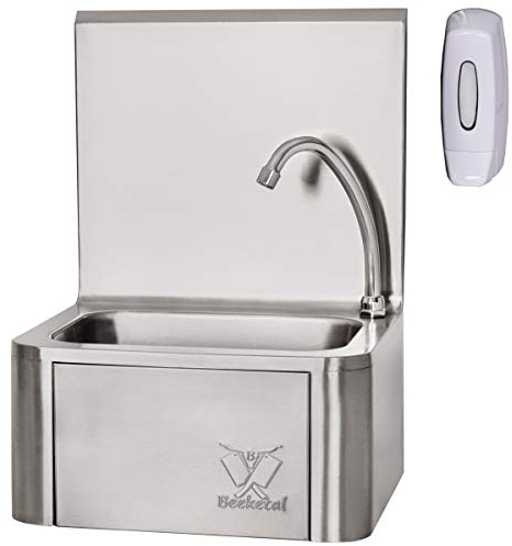 Beeketal 'HWB-I' Knie-Kontakt Handwaschbecken aus Edelstahl mit Wasserhahn - Industrie Waschbecken zur Wandmontage mit extra Kniebetätigung, inkl. Siphon und gratis Seifenspender
