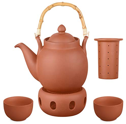 Aricola Ton Teeservice Tenno 4-teilig. Bestehend aus Ton Teekanne 1,6 Liter, Stövchen und 2 Tontassen. Handgefertigt, Original