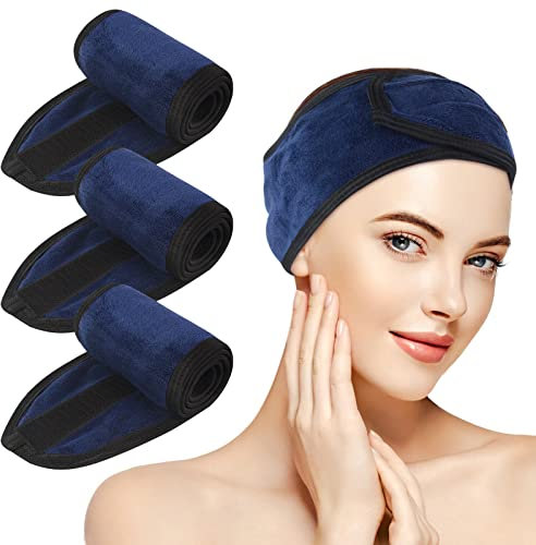 KinHwa Haarband Kosmetik Stirnband Frottee 3 Stück Haarband schminken Verstellbare Haarschutzband mit Klettverschluss Mikrofaser Haarbänder kosmetik für Make Up, Sport, Yoga, Spa, Gesicht, Navy blau