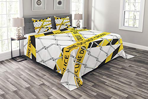 ABAKUHAUS Polizei Tagesdecke Set, Tatort-Bands, Set mit Kissenbezügen Sommerdecke, für Doppelbetten 220 x 220 cm, Gelb und Schwarz