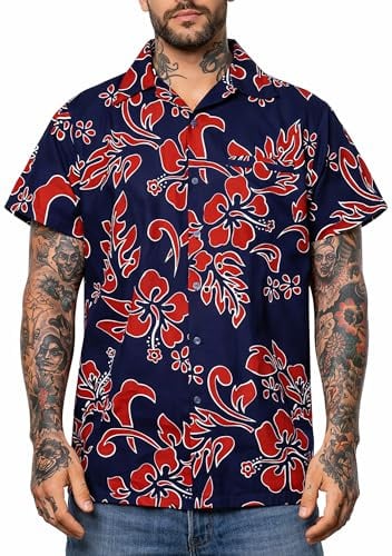 King Kameha Herren Hawaiihemd Kurzarm – Sommer Aloha Shirt mit Hibiskus-Print, leicht und pflegeleicht