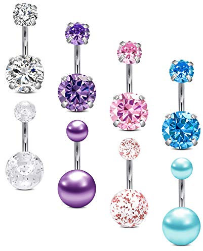 JFORYOU Court Piercing Nombril avec CZ Acier Chirurgical 8Pcs Anneau de Nombril Piercing de Ventre 14G Femme Bijoux de Piercing 8mm