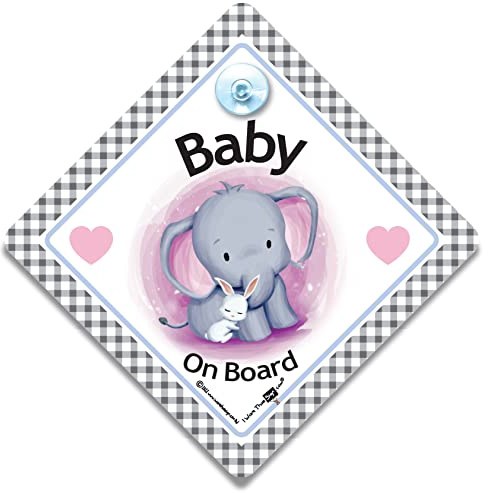 iwantthatsign.com - Señal de coche con diseño de elefante y conejo para bebé a bordo, con ventosa para recién nacidos y madres nuevas