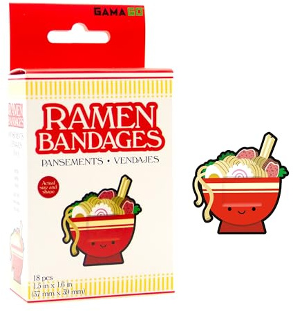 GAMAGO Ramen Adhesive Bandages – Pack of 18 Sterile Individually Wrapped Self-Adhesive Bandages for Kids & Adults, First Aid Kit Plasters, Sterile, Latex-Free, Easy to Remove