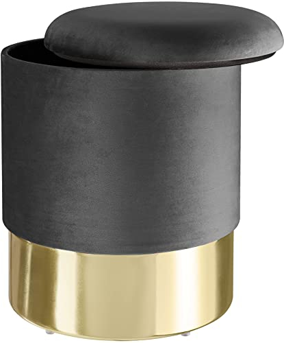 TecTake® Sgabello Rotondo in Velluto, Con Scomparto Nascosto, Base in Acciaio Oro, Capacità di Carico 300 kg, Comfort Elevato, Design Elegante per Casa e Ufficio - Grigio Scuro
