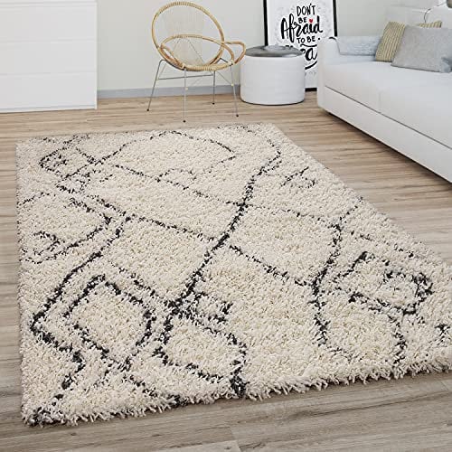Paco Home Hochflor Teppich Wohnzimmer Schlafzimmer Boho Skandinavisch Shaggy Modern Rautenmuster, Grösse:160 cm Rund, Farbe:Creme Anthrazit