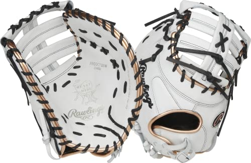 Rawlings Damen PRODCTSBW Heart of The Hide First Base Fastpitch Softball-Handschuh, Mod Single Post Web, Rechte Hand Überwurf, 31,8 cm – modifiziertes Einzel-Pfosten-Netz – Weiß/Rotgold, Einheitsgröße