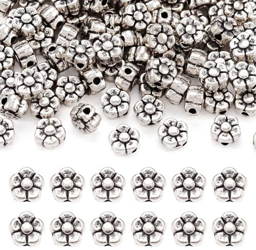 PandaHall Blumen-Perlen im tibetischen Stil, Legierung, 5 x 5 x 3 mm, antikes Silber, florale europäische Perlen, Metall-Abstandshalter, lose Perlen für Armband, Halskette, Schmuckherstellung, Loch: 1