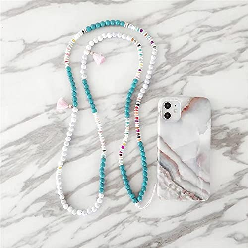 Universale Handykette Umhängeband Lanyard,Böhmische Bunte Perlenkette Handy Halsband Schlüsselband mit Quasten,Telefon Anhänger Hängende Schnur Handy Schmuck Mobile Phone Chain für Frauen Damen,Weiß