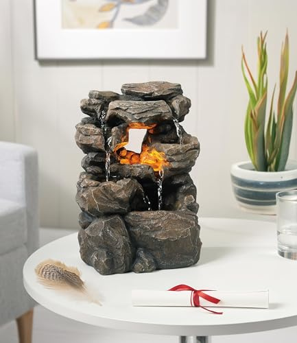 Cascading Tabletop Water Fountains with LED Light - Indoor Rockery Waterfall Fountain - Quiet and Relaxing Water Sound - Small 9.7 Inch Desktop Size - Home/Office Decor