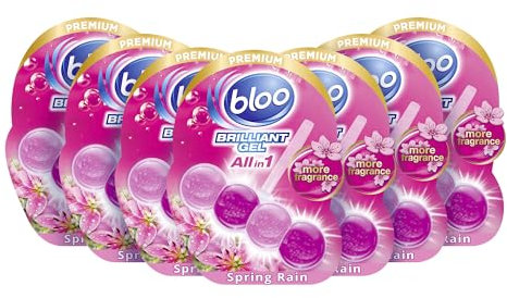 Bloo Brilliant Gel All in 1 Toilet Rim Block Cleaner, Spring Rain Fresh Scent, for All-Around Cleanliness, Long Lasting Freshness and Brilliant Shine - Pack of 7
