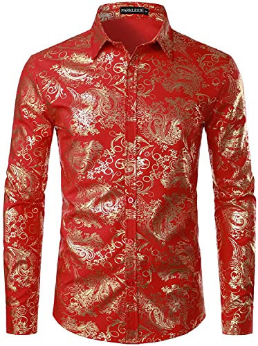 PARKLEES Chemise de luxe pour homme, imprimé élégant, coupe ajustée, boutonnée Motif cachemire doré brillant, Rouge, XXL
