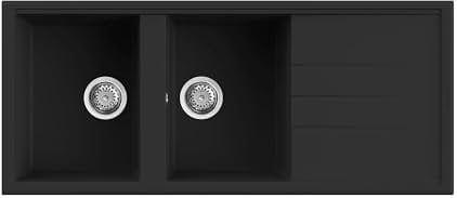 EVHOC Lavello ADHOC L Sopratop 2 Vasche con Gocciolatoio, Lavandino Reversibile per Cucina, Piletta Inclusa, Made in Italy, Nero, 116x50 cm