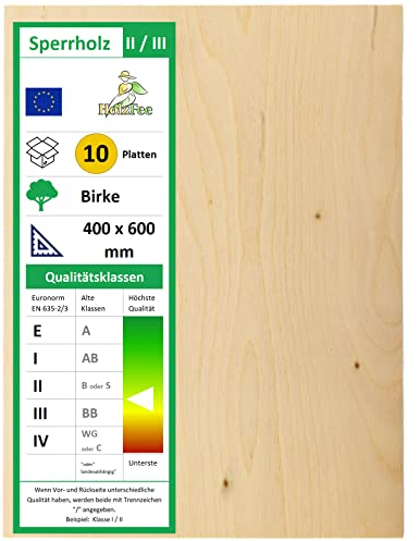 HolzFee 10 Stück Sperrholzplatte 3 mm A4 210 x 297 mm Klasse II/III Birkensperrholz