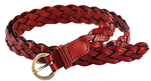 Jalach Damen geflochtener Gürtel Schmaler Flechtgürtel gewebter Taille Gürtel dünner Ledergürtel für Jeans Kleid 2cm breit Weinrot