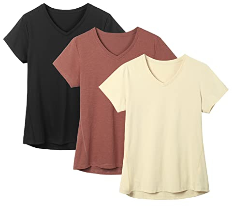 icyzone Damen Sport Fitness T-Shirt Kurzarm V-Ausschnitt Laufshirt Shortsleeve Yoga Top 3er Pack (L, Black/Cream White/Brick)
